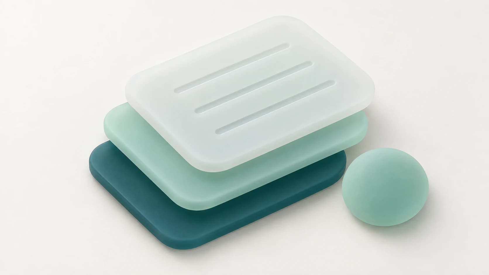 Three stacked matte tiles in deep teal, pale mint and white with grooved lines, beside a small mint sphere