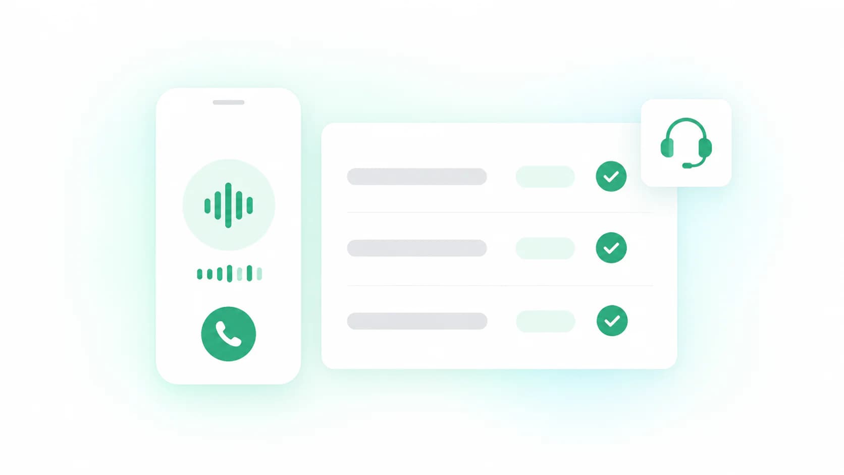 Phone on an active voice call beside a screening report with three checked criteria and a headset