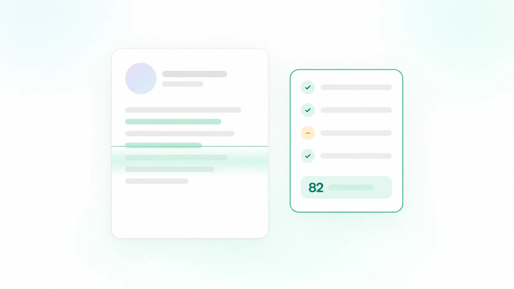 CV with highlighted sections beside a checklist and a score of 82