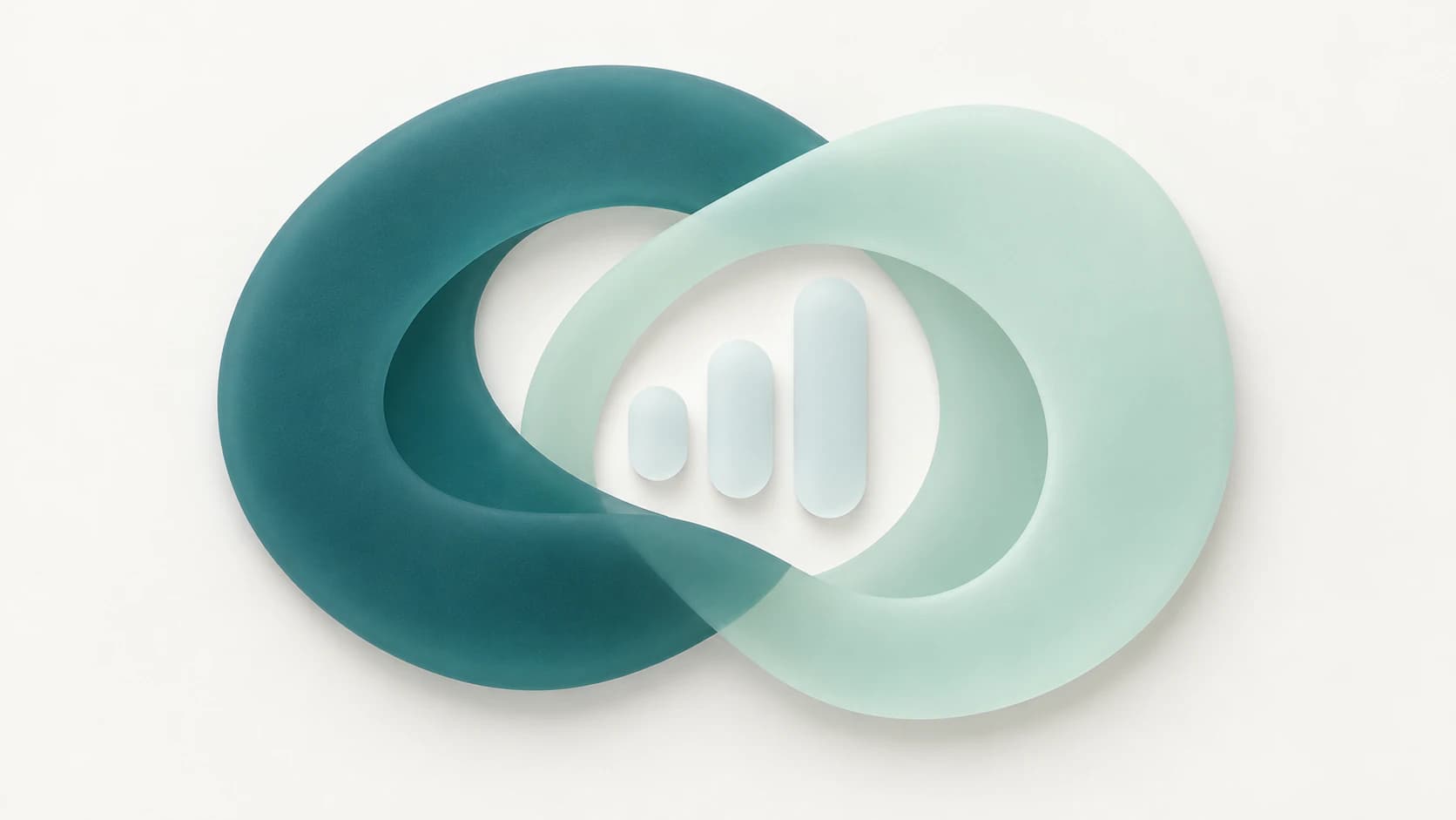 Two overlapping matte rings in deep teal and pale mint around three small white bars