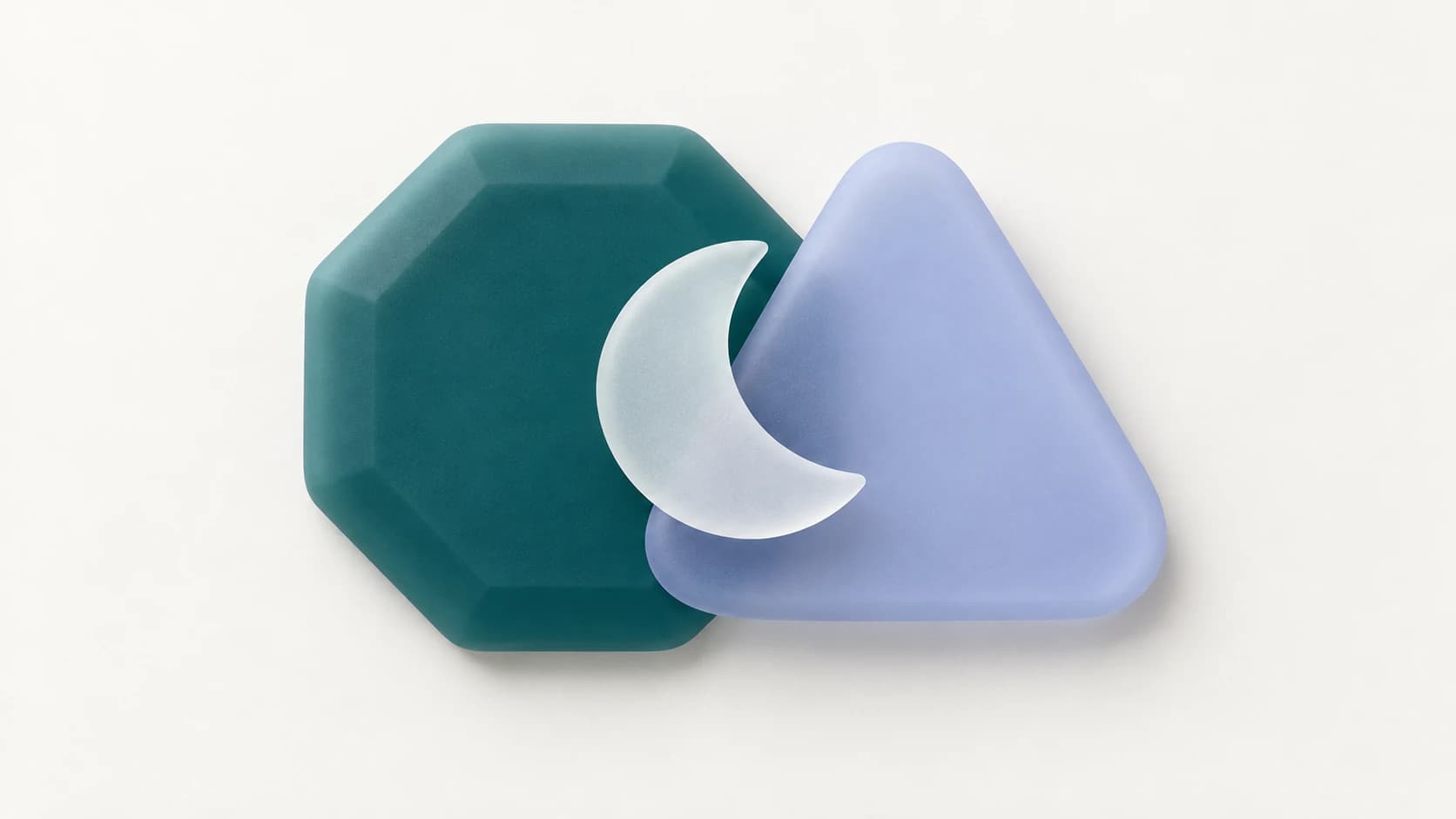 Overlapping matte teal octagon, lavender triangle and white silicone crescent