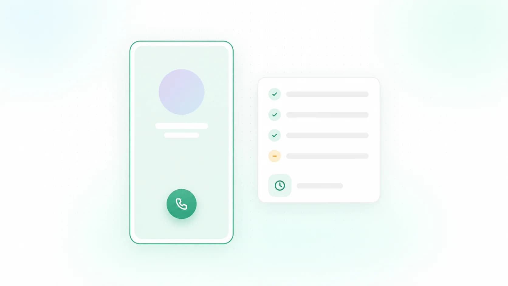 Phone with a candidate profile beside a screening checklist and a clock