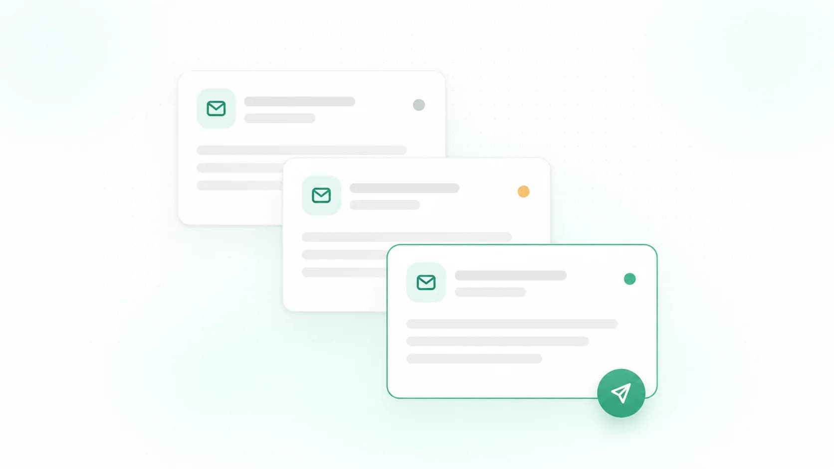 Three overlapping email envelopes beside a green send button
