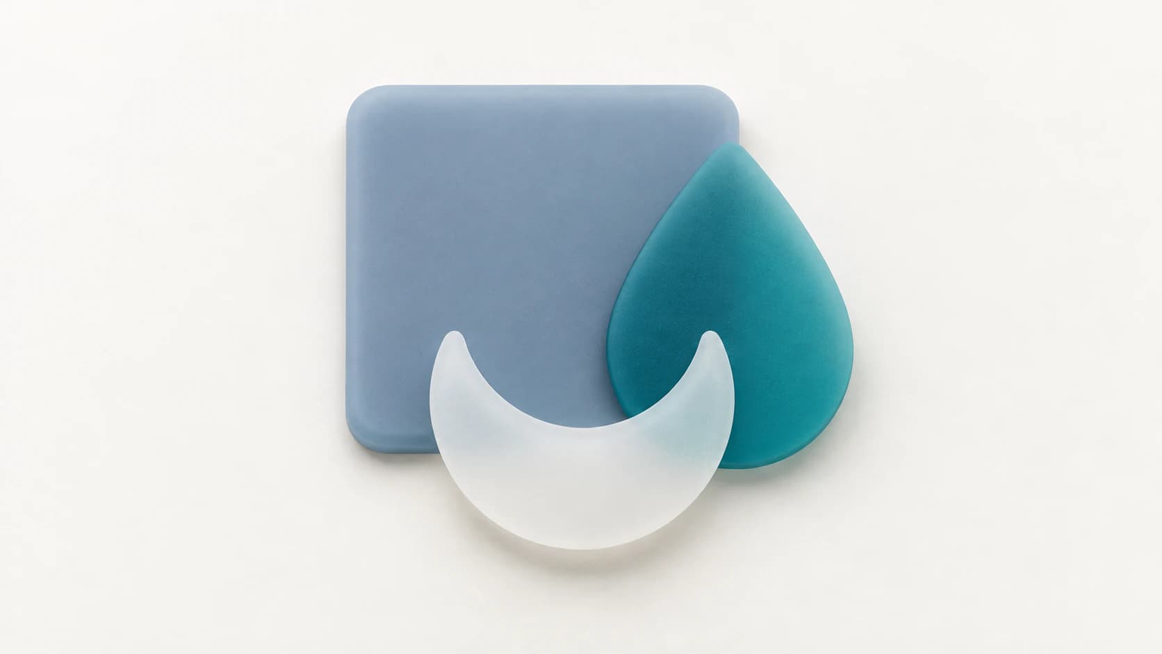 A lavender rounded tile behind a deep teal teardrop shape and a cloudy white crescent in matte rubber
